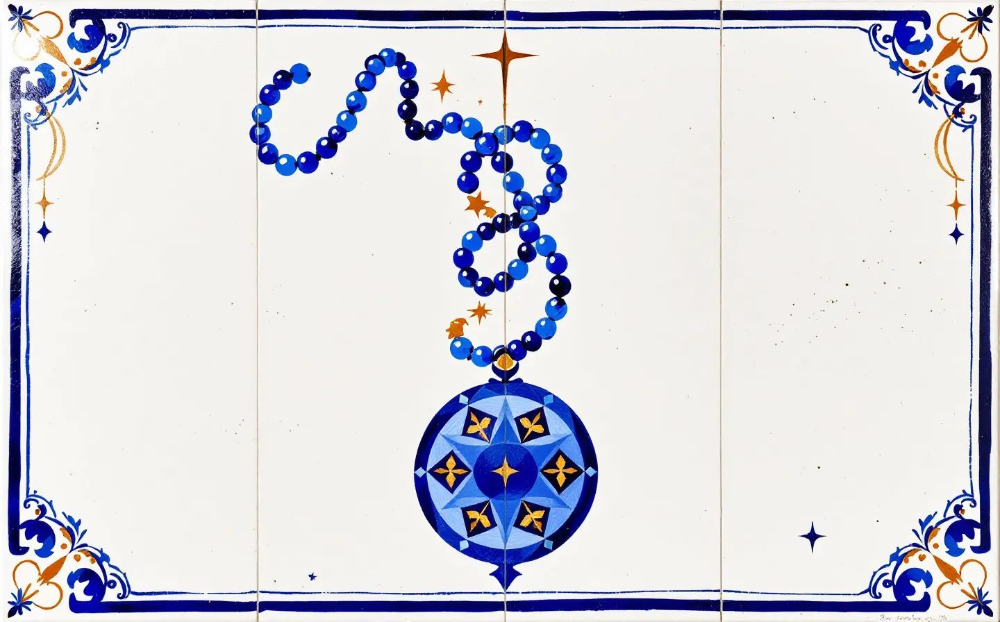 A hand-painted blue-and-white azulejo tile of an abstract mitochondrion with a coiled sixteen-bead peptide ring and gold faience accents, framed by a painted geometric ceramic border