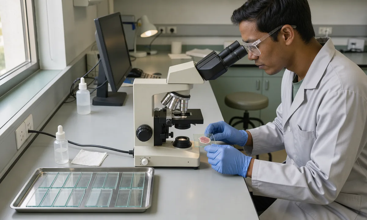 A technician looking through a microscope beside a tray of glass slides